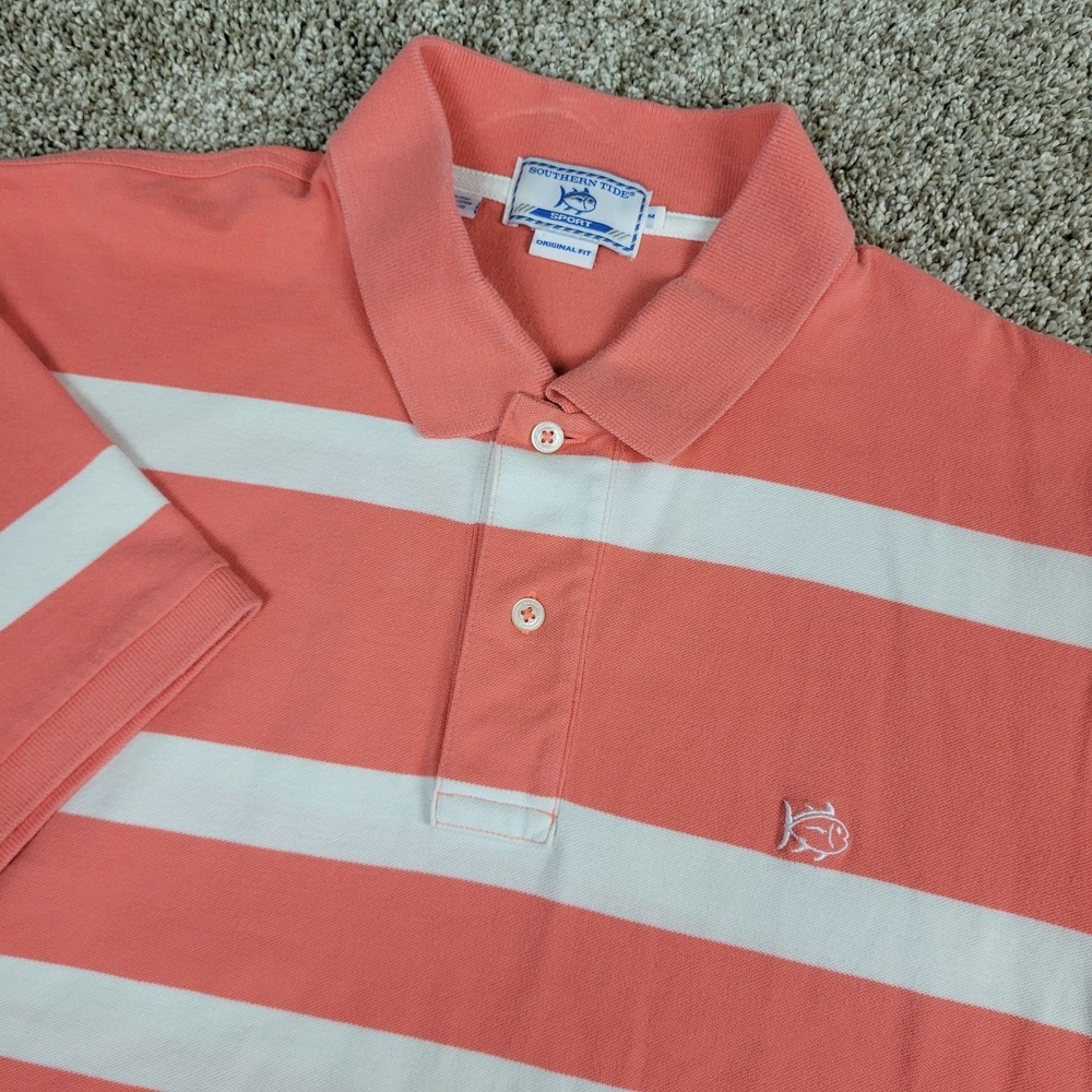 Southern Tide Sport Mens Medium Salmon White Striped Stretch Knit Polo SS
